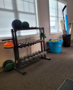 Patient workout area with barbells